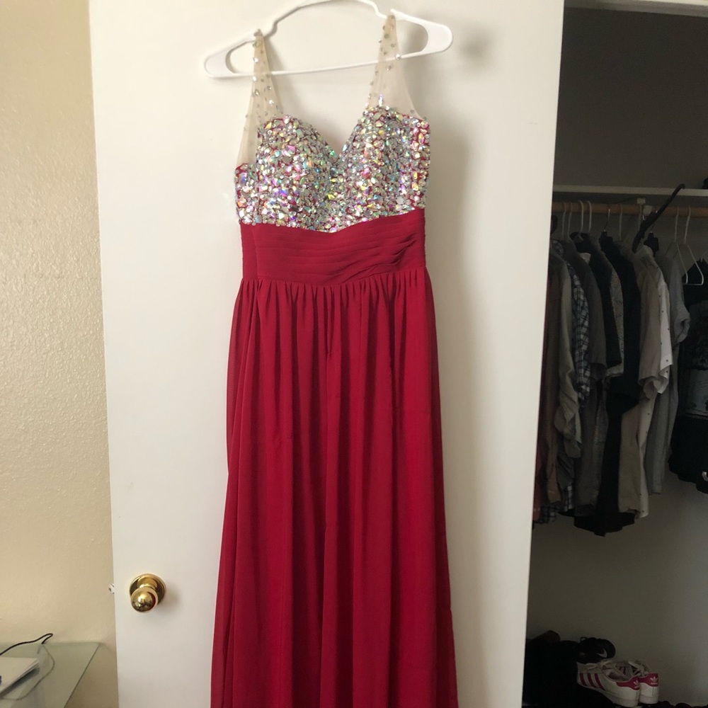 Red floor length prom dress with gems size 8